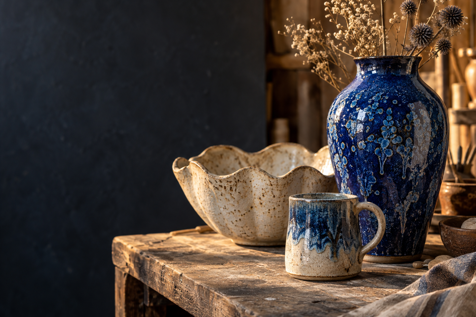 A cobalt crystalline vase, scalloped ivory bowl and blue-dripped stoneware mug